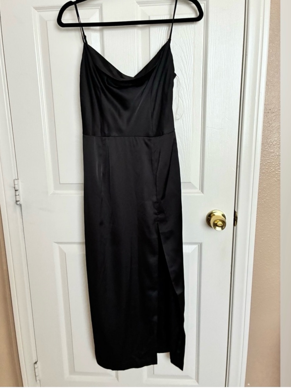 Meshki Elegant Black Satin Slip Dress with slit